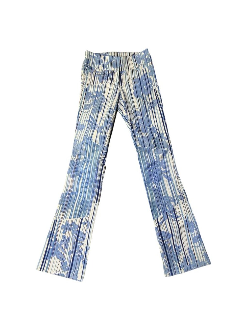 Necessary Objects Blue White Floral Stripe Pull On Pants Bootcut XS USA 26x32 - Picture 5 of 13